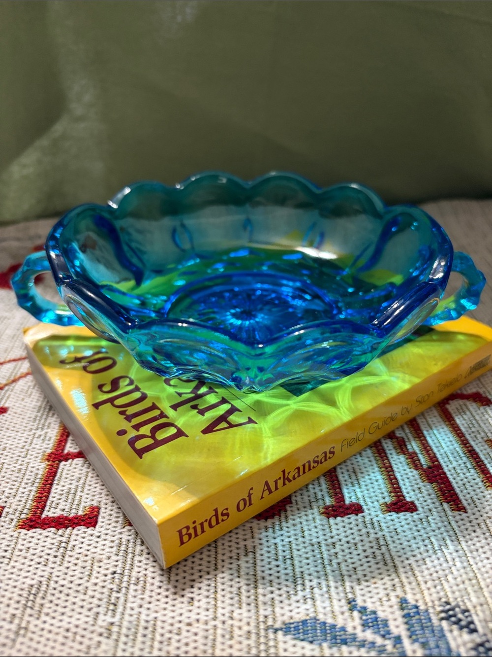 Vintage double handled Blue Glass Thumbprint pattern Candy Dish
